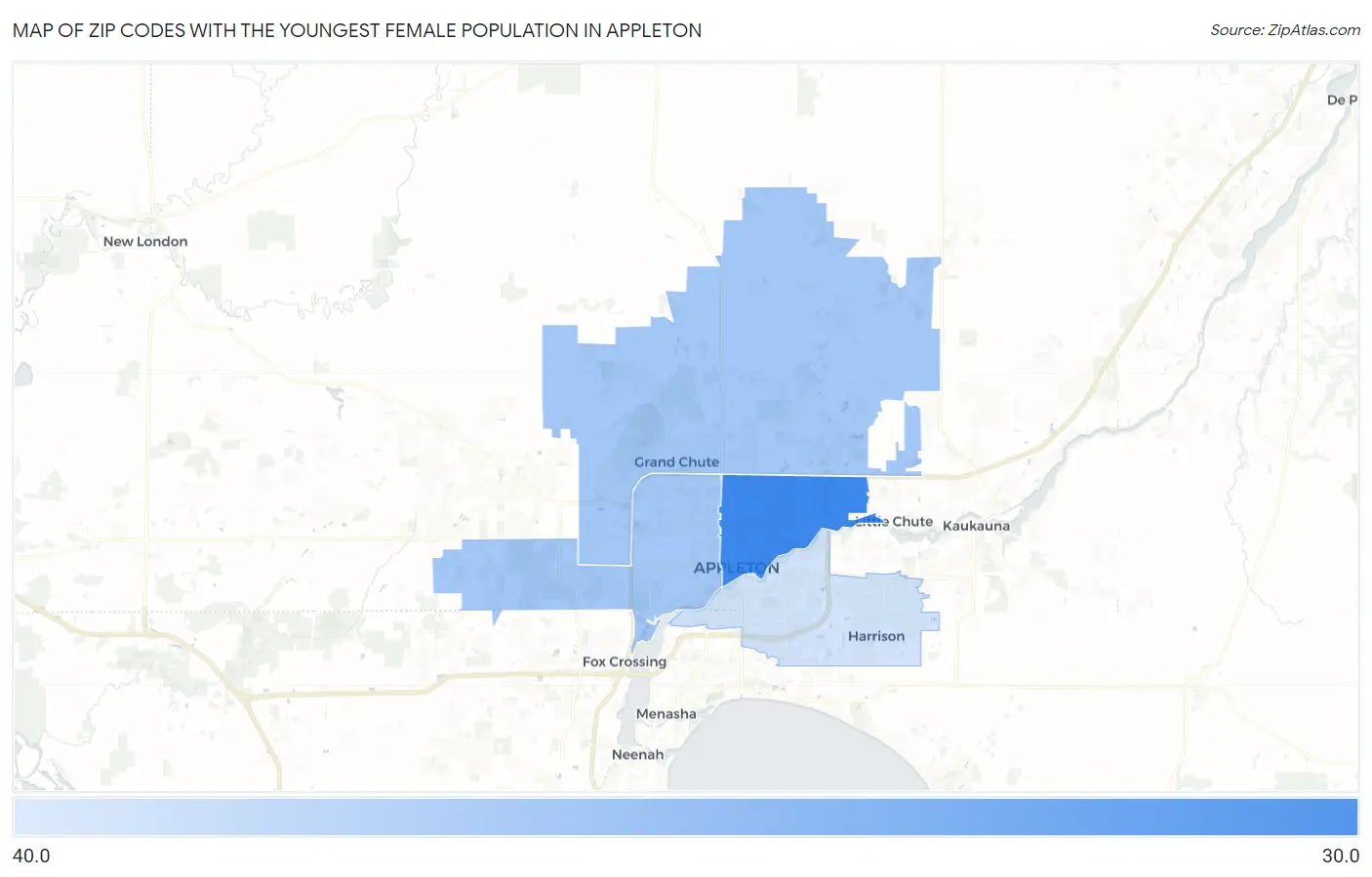 Zip Codes with the Youngest Female Population in Appleton Map