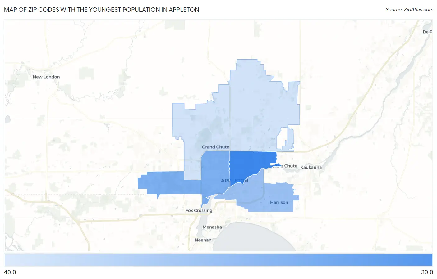 Zip Codes with the Youngest Population in Appleton Map