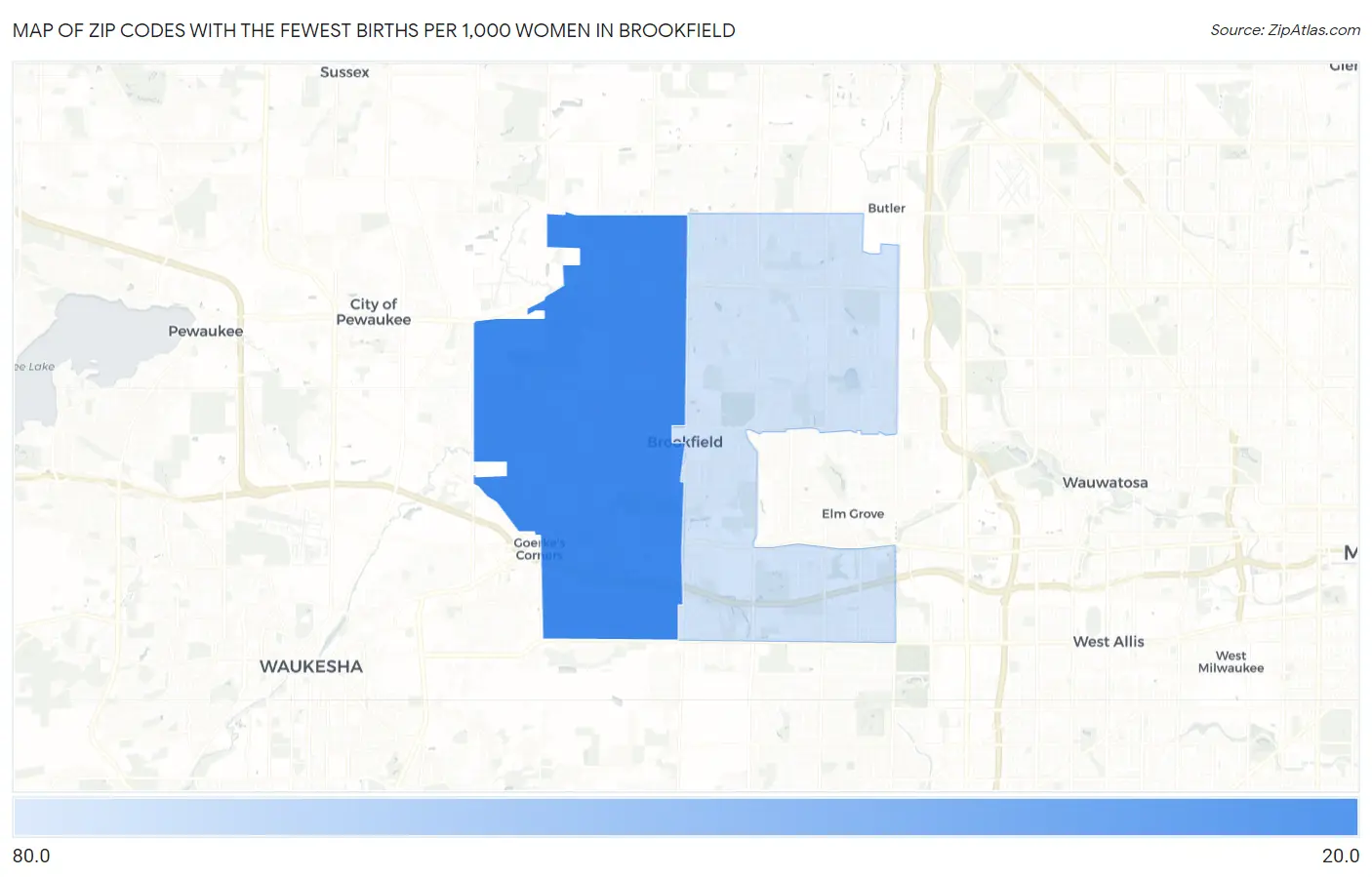Zip Codes with the Fewest Births per 1,000 Women in Brookfield Map