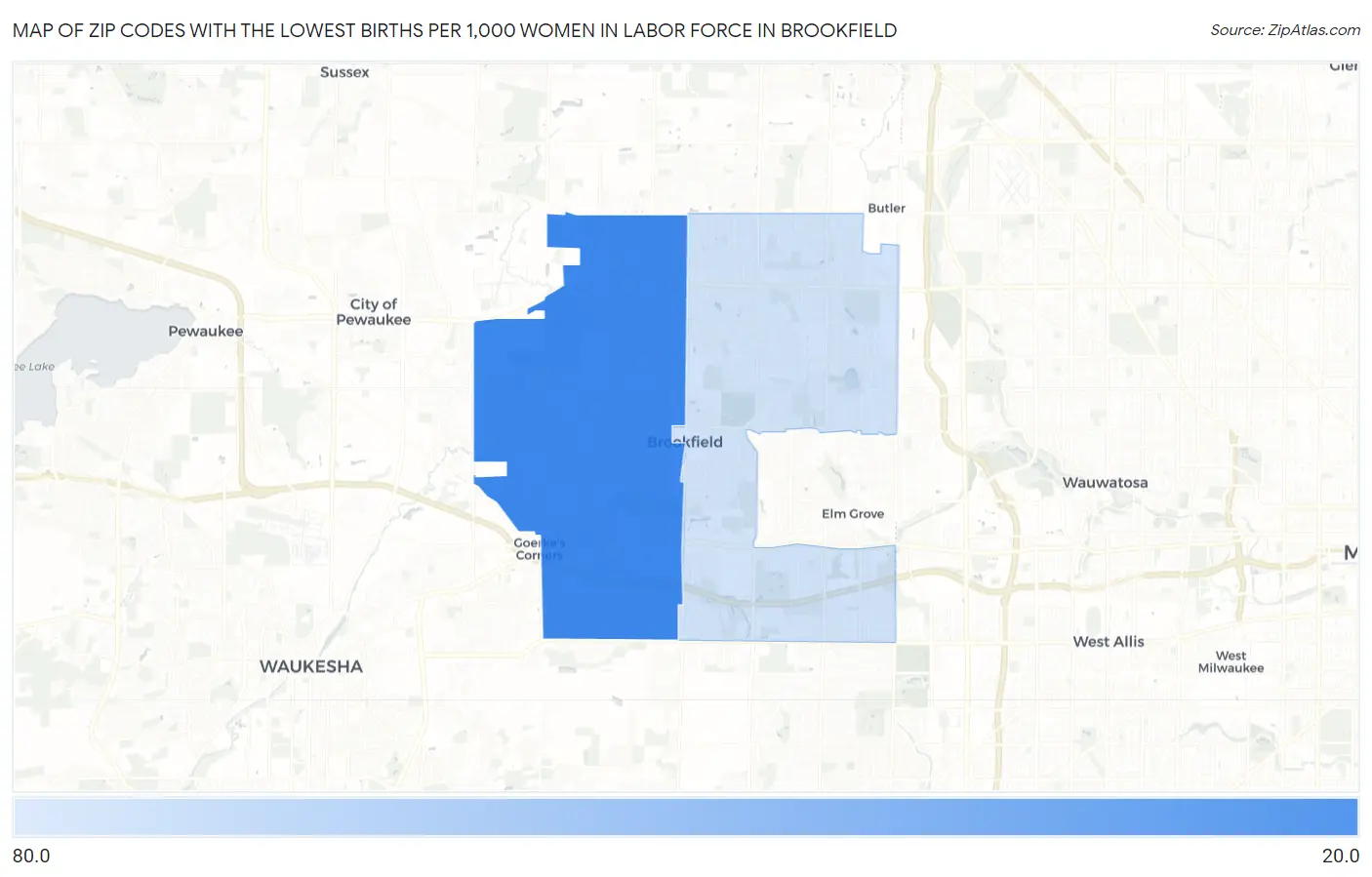 Zip Codes with the Lowest Births per 1,000 Women in Labor Force in Brookfield Map