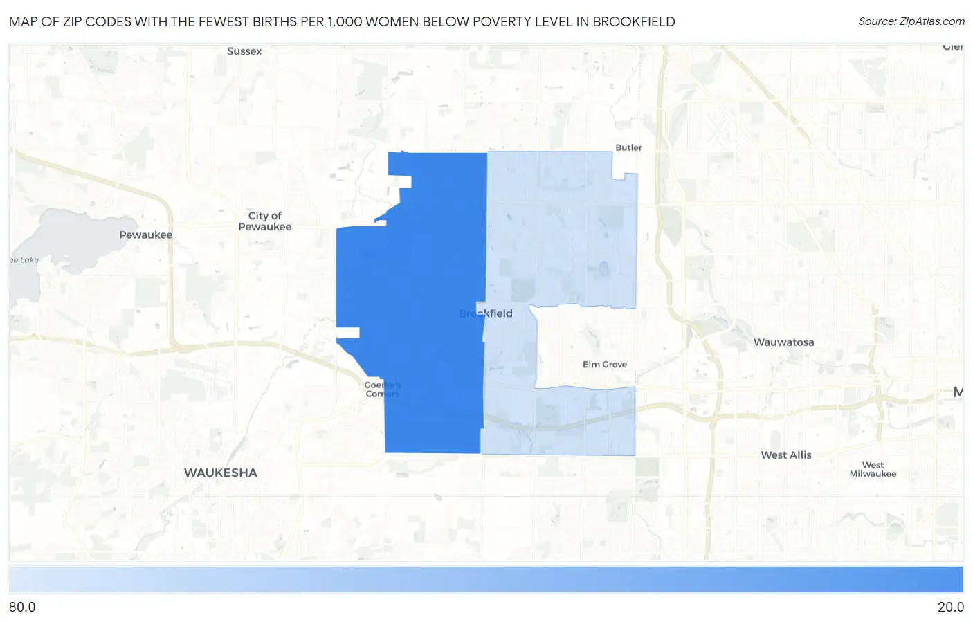 Zip Codes with the Fewest Births per 1,000 Women Below Poverty Level in Brookfield Map