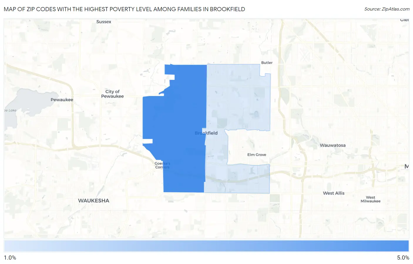 Zip Codes with the Highest Poverty Level Among Families in Brookfield Map