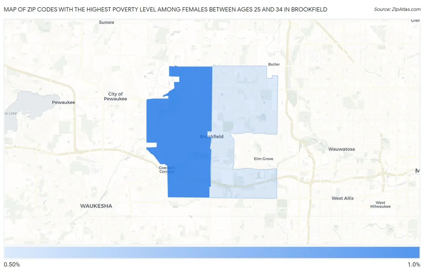 Zip Codes with the Highest Poverty Level Among Females Between Ages 25 and 34 in Brookfield Map