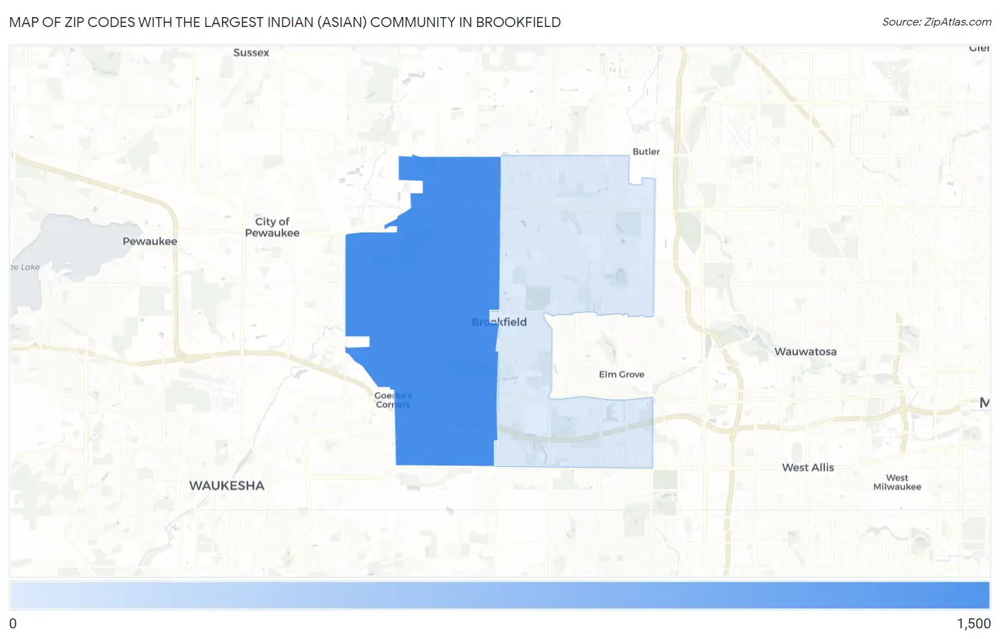 Zip Codes with the Largest Indian (Asian) Community in Brookfield Map