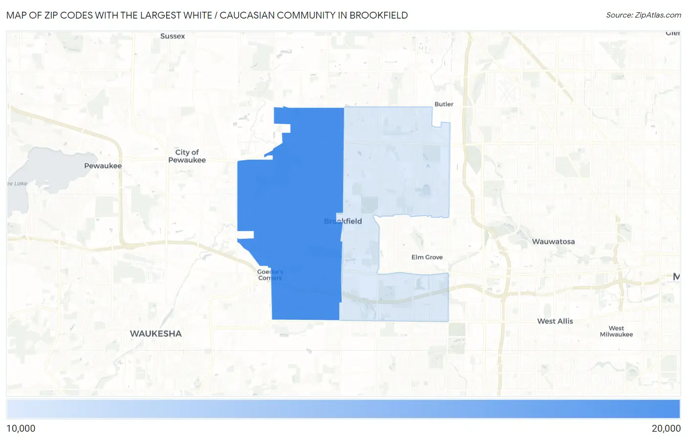 Zip Codes with the Largest White / Caucasian Community in Brookfield Map