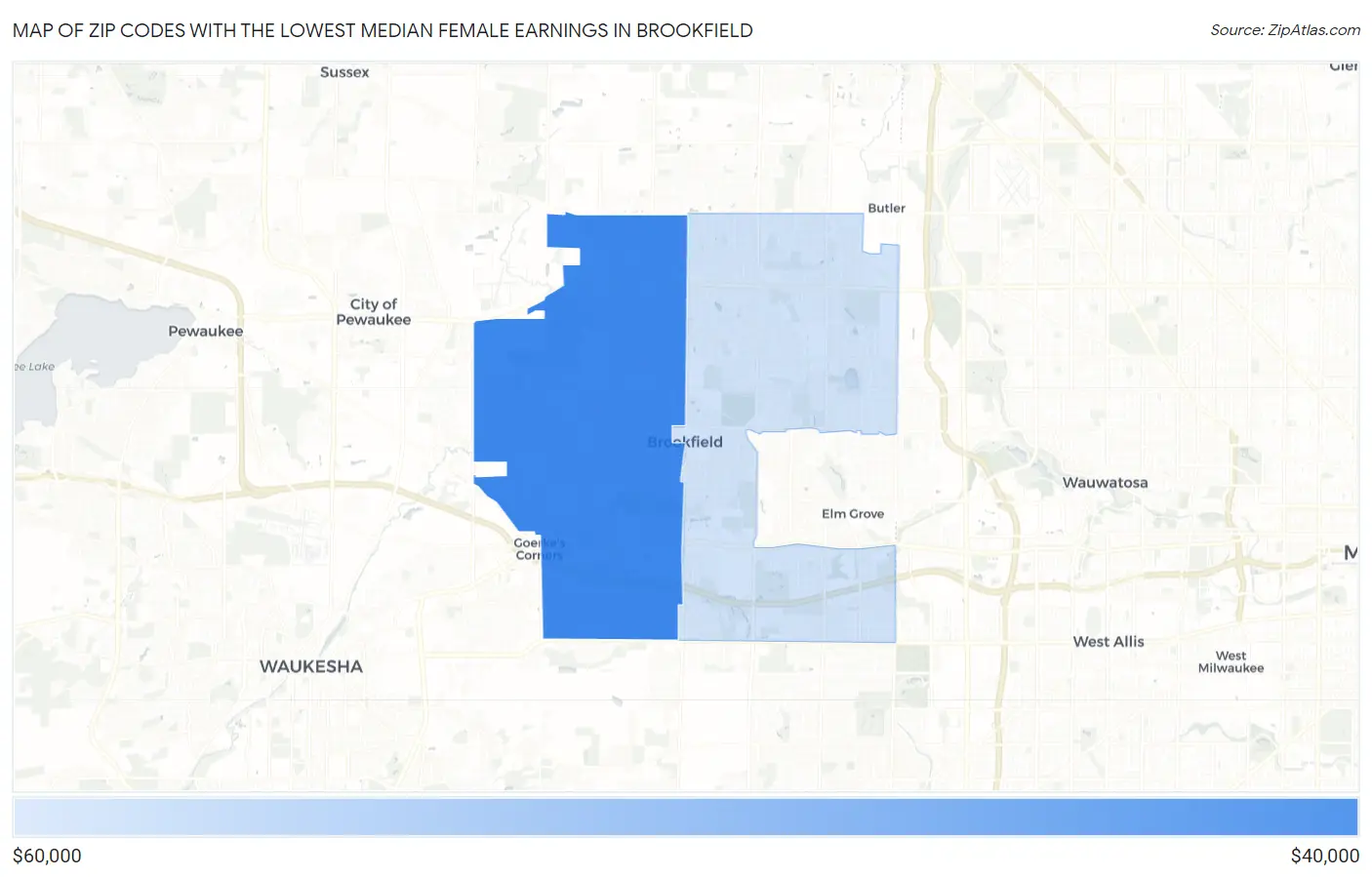 Zip Codes with the Lowest Median Female Earnings in Brookfield Map