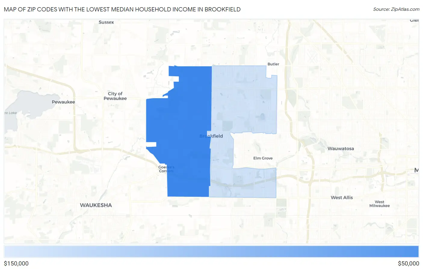 Zip Codes with the Lowest Median Household Income in Brookfield Map