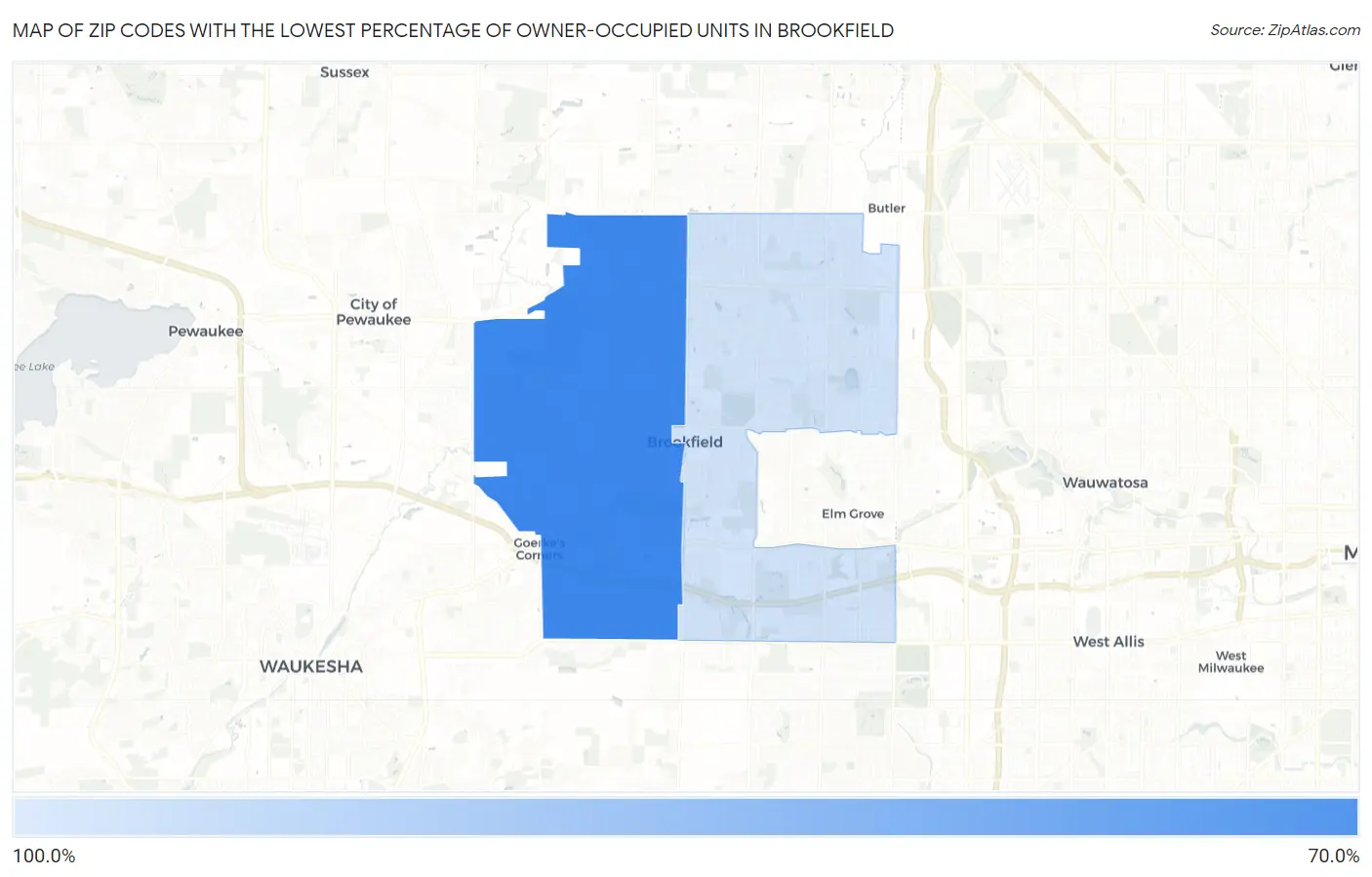 Zip Codes with the Lowest Percentage of Owner-Occupied Units in Brookfield Map