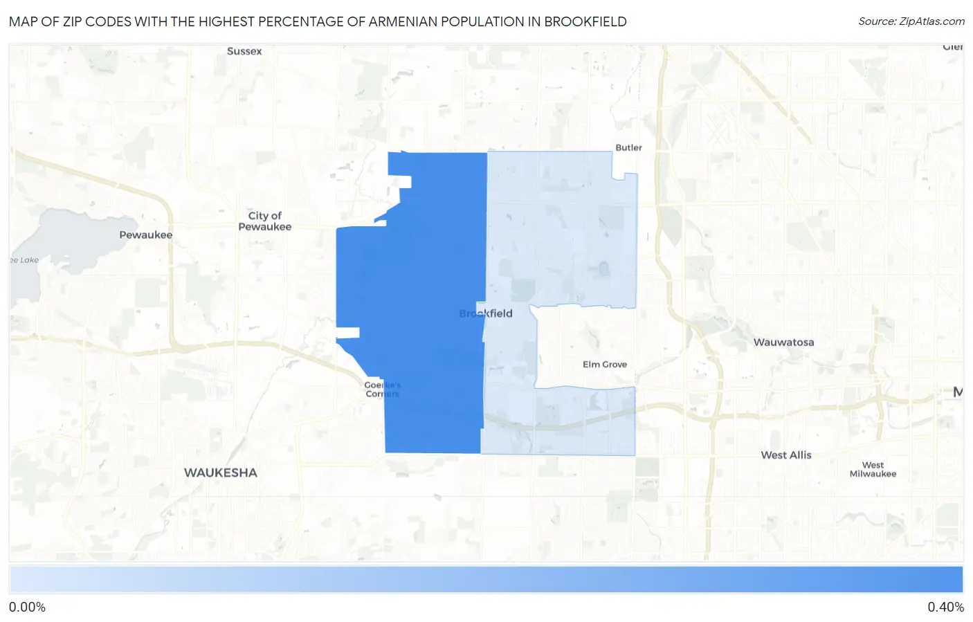 Zip Codes with the Highest Percentage of Armenian Population in Brookfield Map