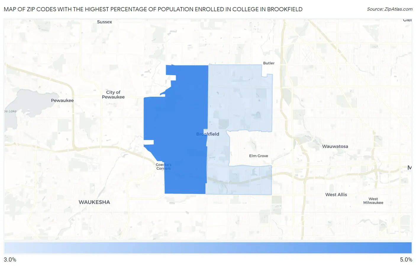 Zip Codes with the Highest Percentage of Population Enrolled in College in Brookfield Map