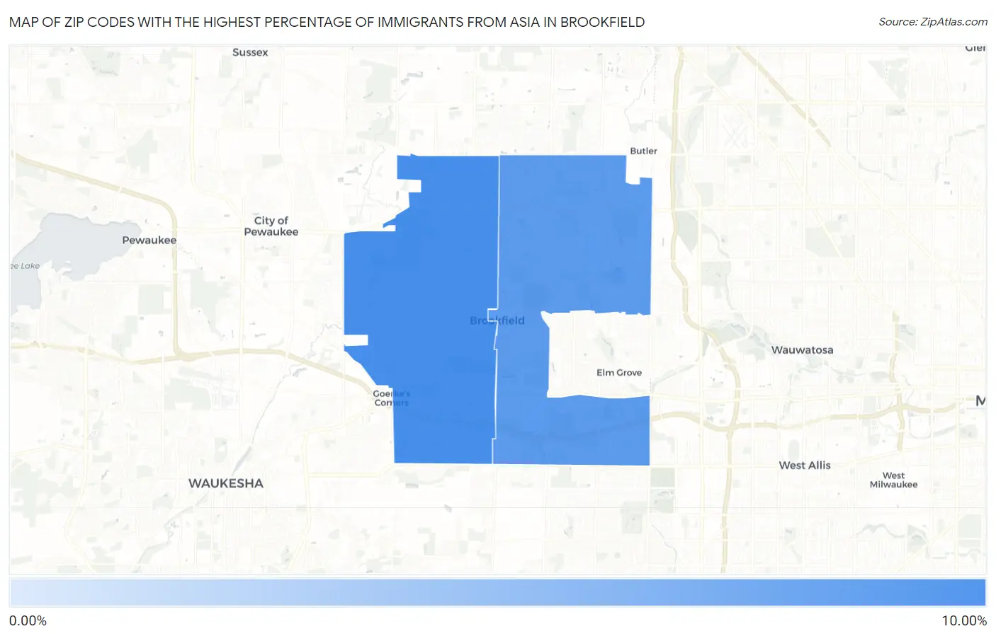 Zip Codes with the Highest Percentage of Immigrants from Asia in Brookfield Map