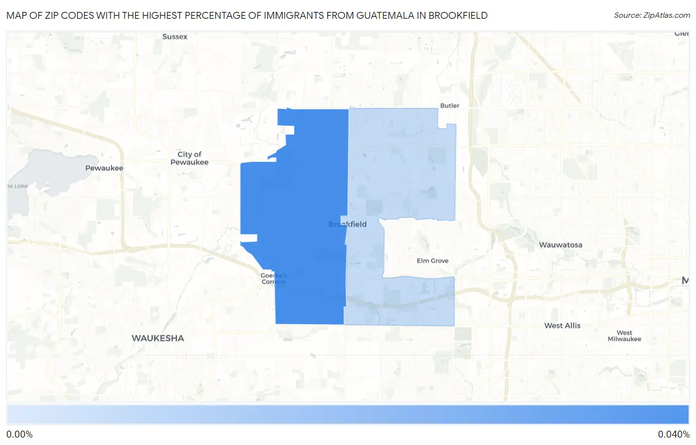 Zip Codes with the Highest Percentage of Immigrants from Guatemala in Brookfield Map