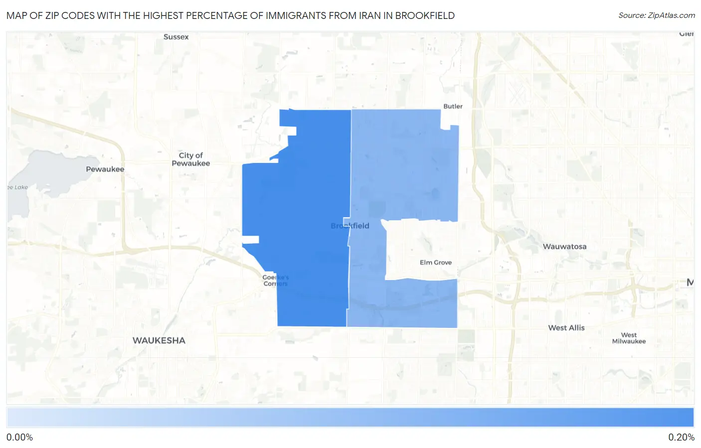 Zip Codes with the Highest Percentage of Immigrants from Iran in Brookfield Map