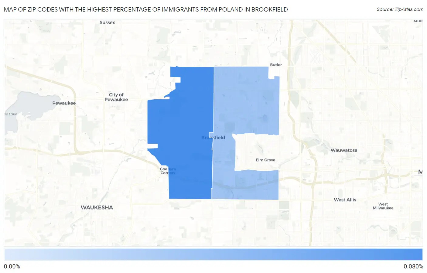 Zip Codes with the Highest Percentage of Immigrants from Poland in Brookfield Map
