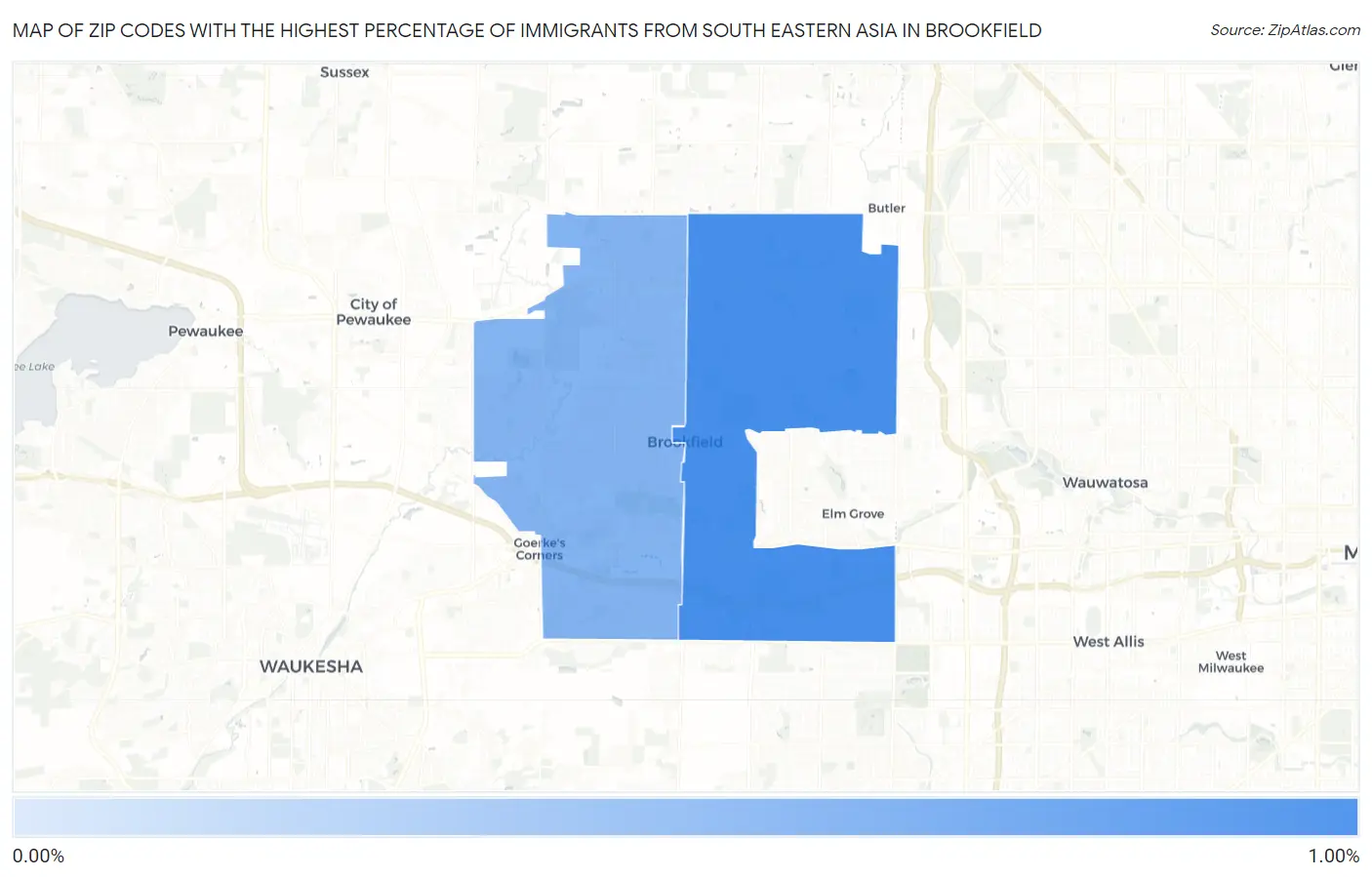 Zip Codes with the Highest Percentage of Immigrants from South Eastern Asia in Brookfield Map