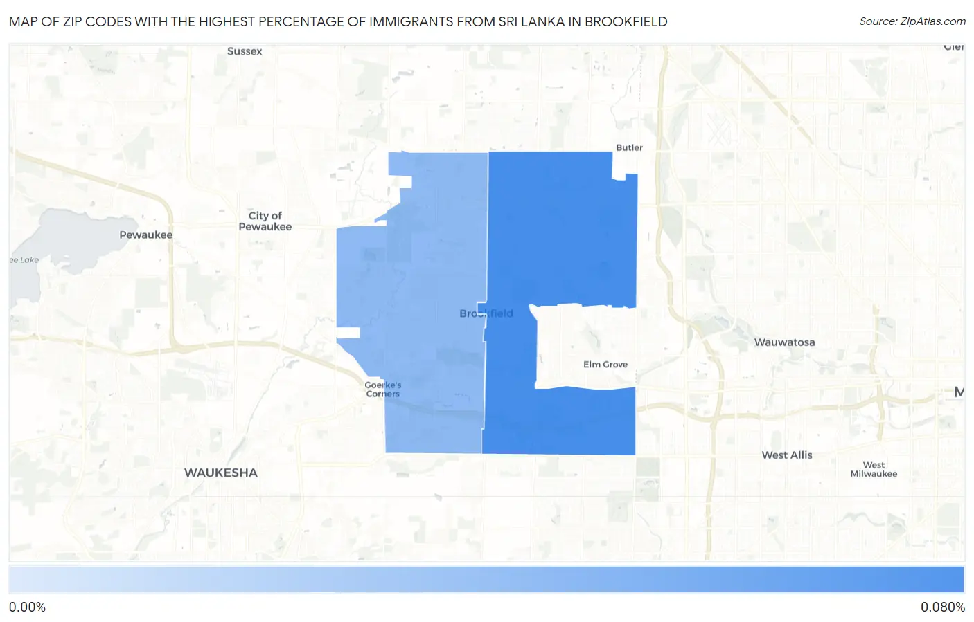 Zip Codes with the Highest Percentage of Immigrants from Sri Lanka in Brookfield Map