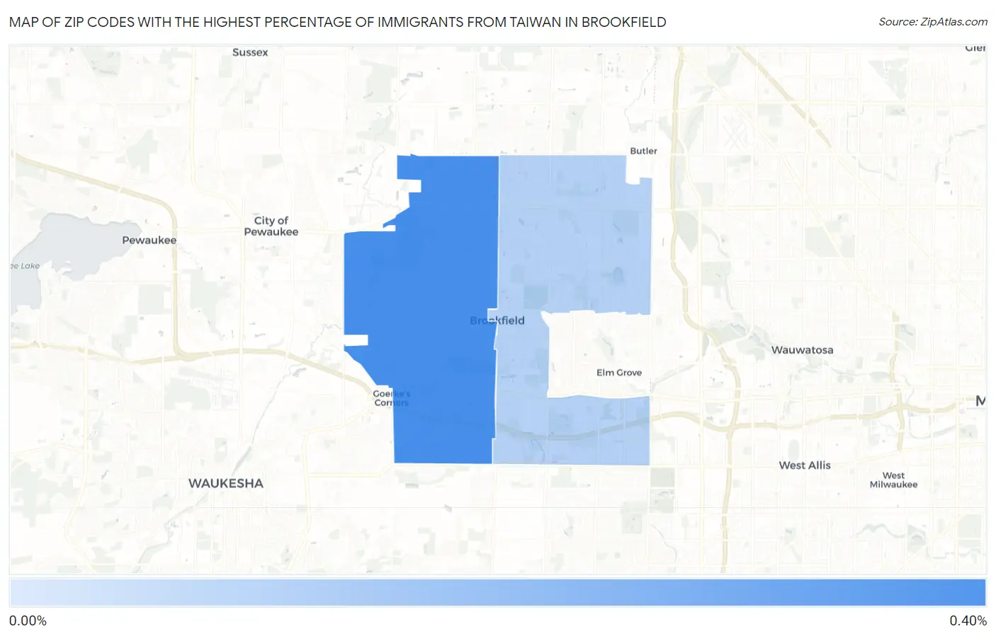 Zip Codes with the Highest Percentage of Immigrants from Taiwan in Brookfield Map