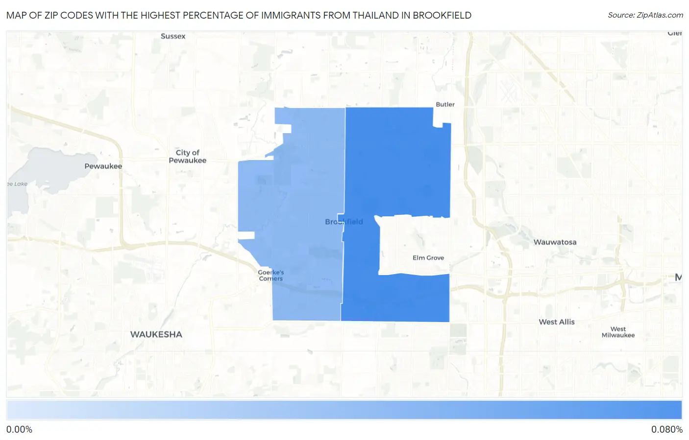 Zip Codes with the Highest Percentage of Immigrants from Thailand in Brookfield Map