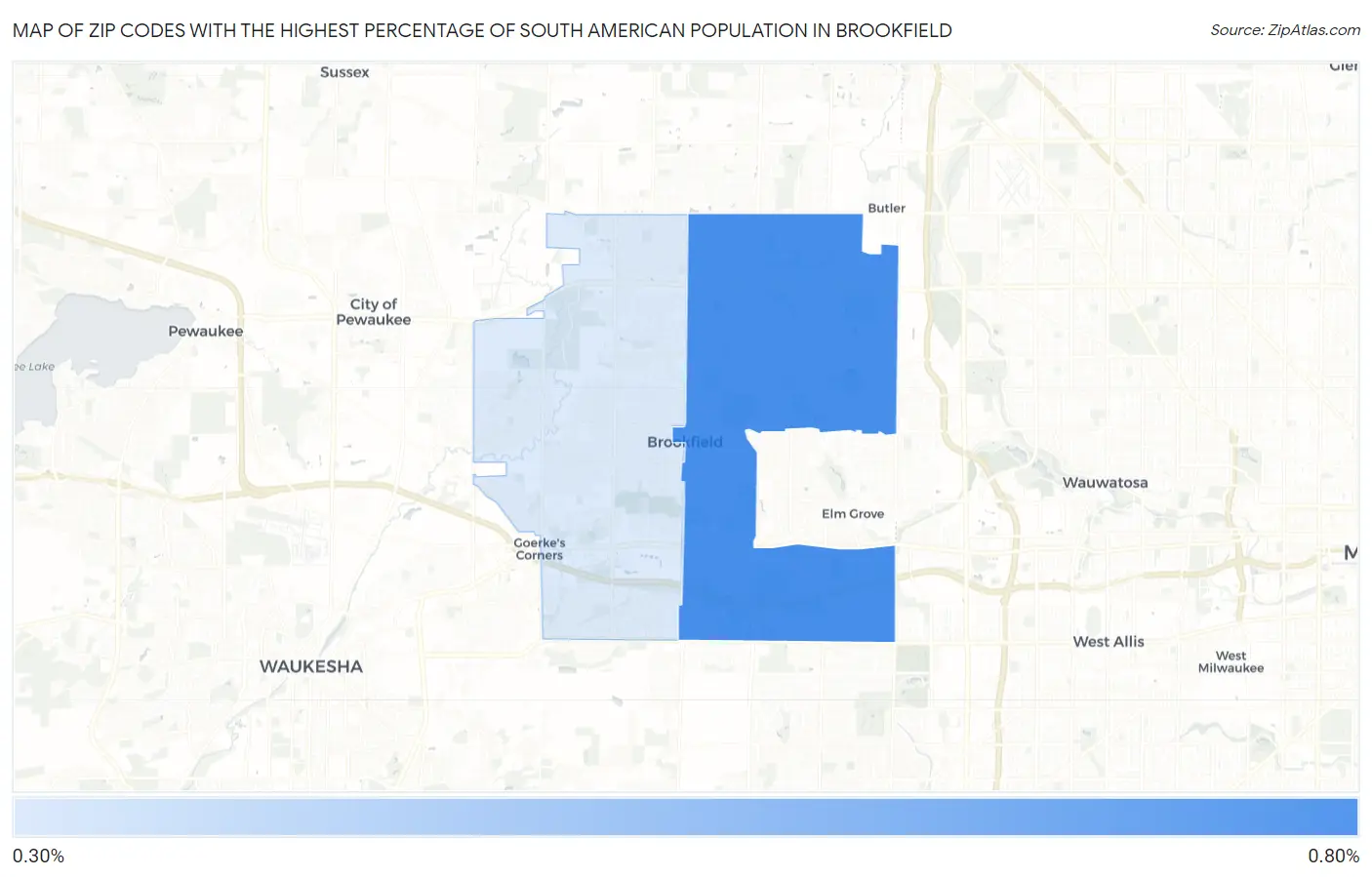 Zip Codes with the Highest Percentage of South American Population in Brookfield Map