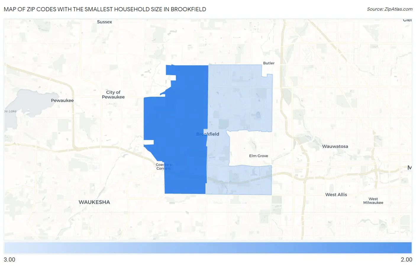 Zip Codes with the Smallest Household Size in Brookfield Map