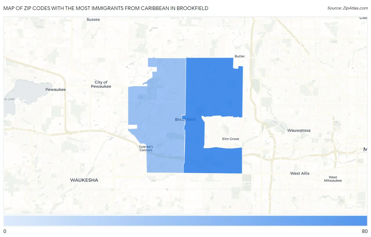 Zip Codes with the Most Immigrants from Caribbean in Brookfield Map