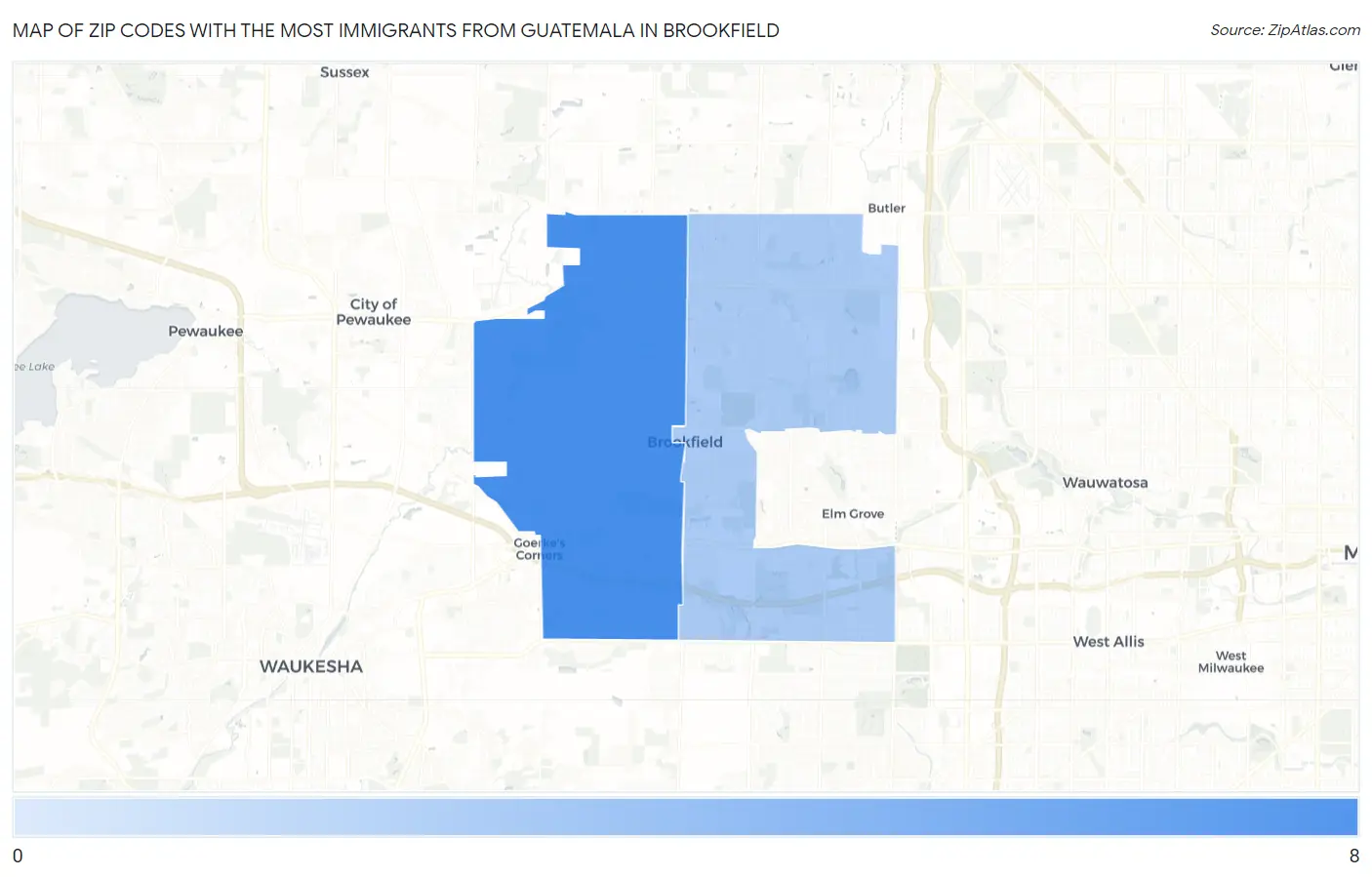 Zip Codes with the Most Immigrants from Guatemala in Brookfield Map