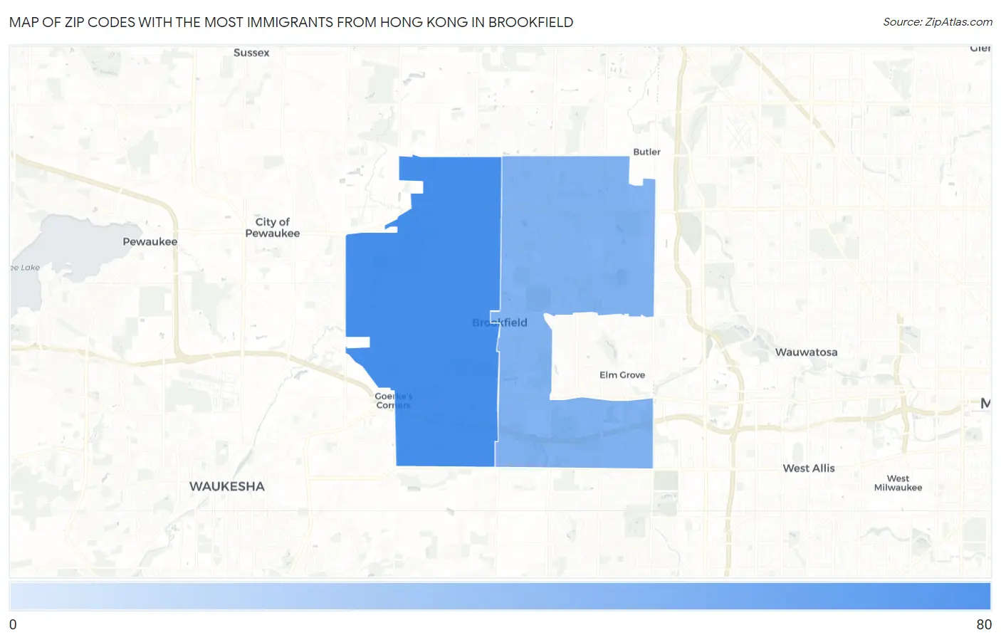 Zip Codes with the Most Immigrants from Hong Kong in Brookfield Map