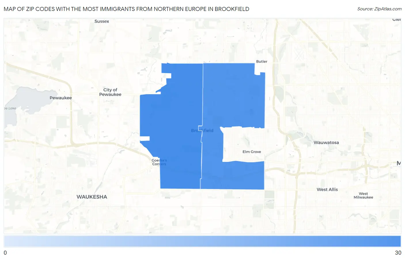 Zip Codes with the Most Immigrants from Northern Europe in Brookfield Map