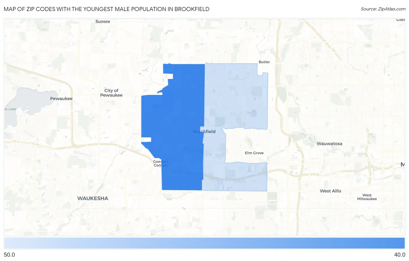 Zip Codes with the Youngest Male Population in Brookfield Map