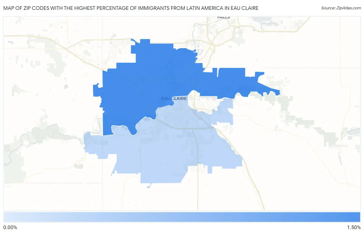 Zip Codes with the Highest Percentage of Immigrants from Latin America in Eau Claire Map