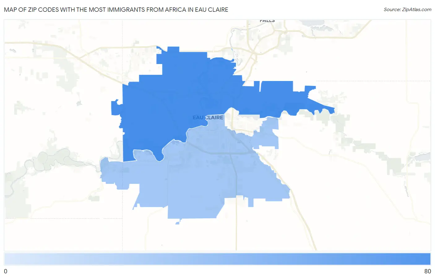 Zip Codes with the Most Immigrants from Africa in Eau Claire Map