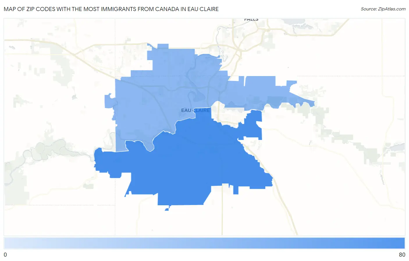 Zip Codes with the Most Immigrants from Canada in Eau Claire Map