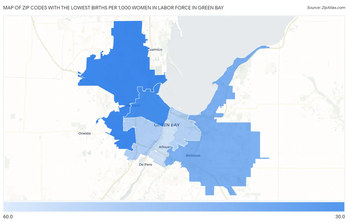 Zip Codes with the Lowest Births per 1,000 Women in Labor Force in Green Bay Map