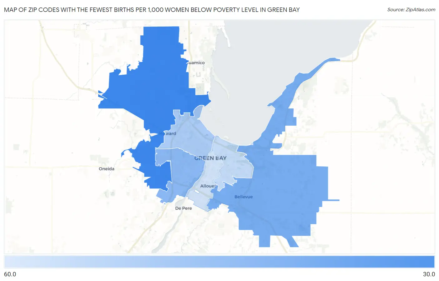 Zip Codes with the Fewest Births per 1,000 Women Below Poverty Level in Green Bay Map