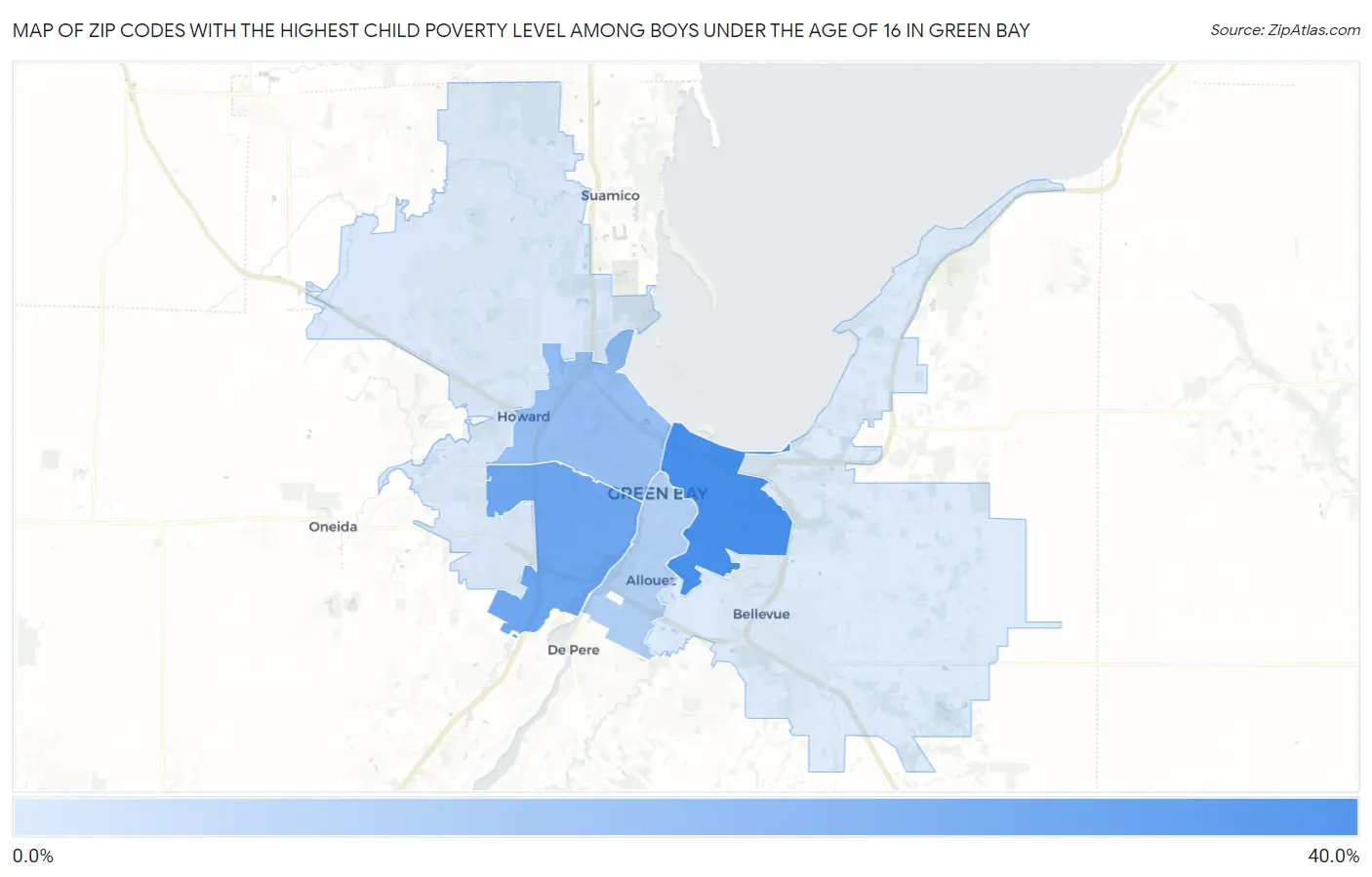 Zip Codes with the Highest Child Poverty Level Among Boys Under the Age of 16 in Green Bay Map