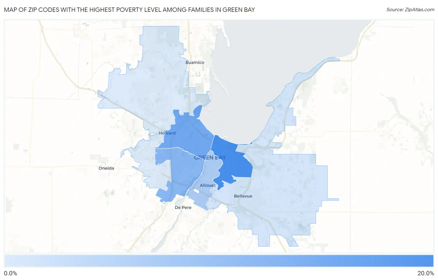 Zip Codes with the Highest Poverty Level Among Families in Green Bay Map