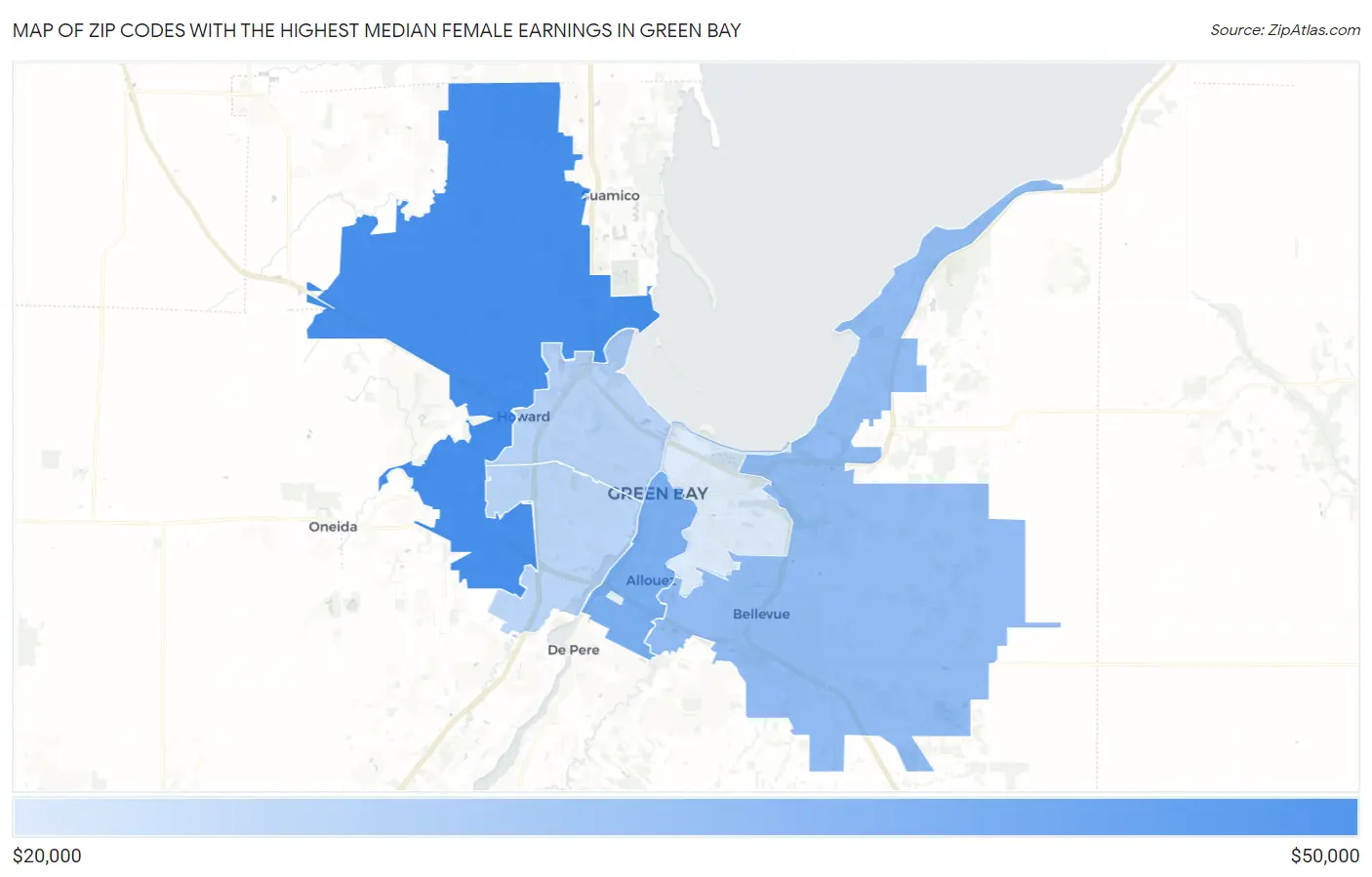 Zip Codes with the Highest Median Female Earnings in Green Bay Map