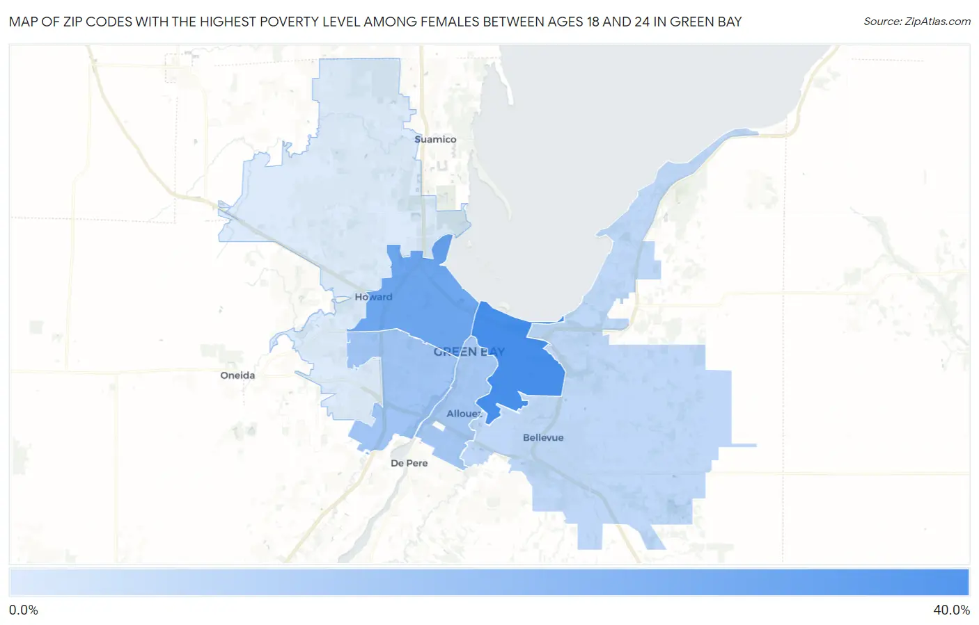 Zip Codes with the Highest Poverty Level Among Females Between Ages 18 and 24 in Green Bay Map