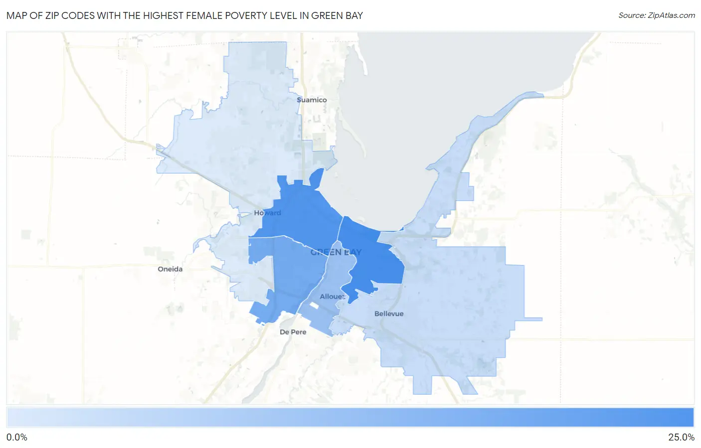 Zip Codes with the Highest Female Poverty Level in Green Bay Map