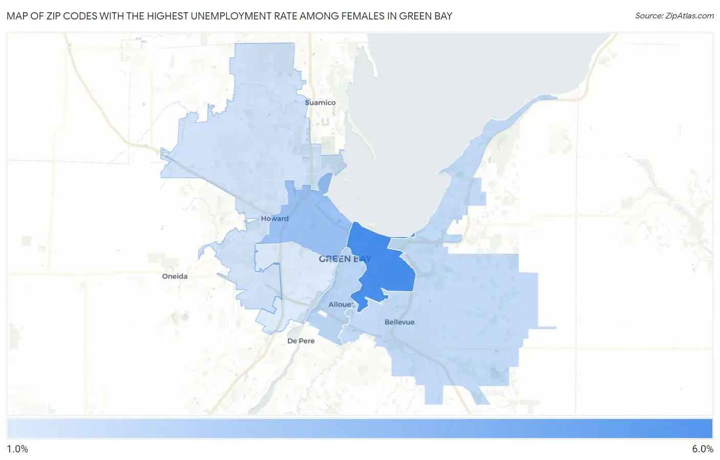 Zip Codes with the Highest Unemployment Rate Among Females in Green Bay Map