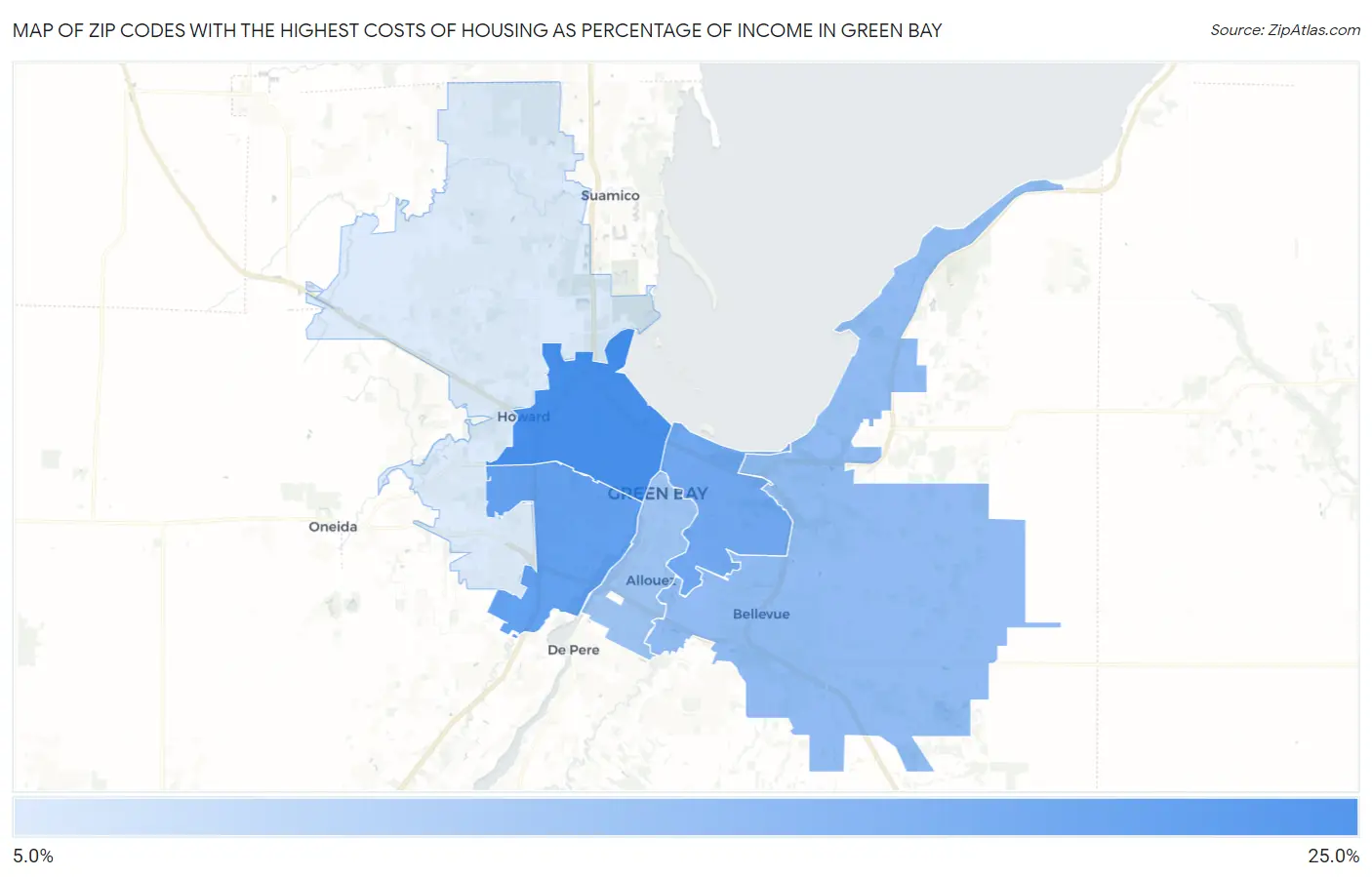 Zip Codes with the Highest Costs of Housing as Percentage of Income in Green Bay Map