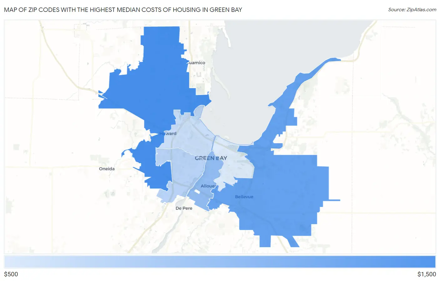 Zip Codes with the Highest Median Costs of Housing in Green Bay Map