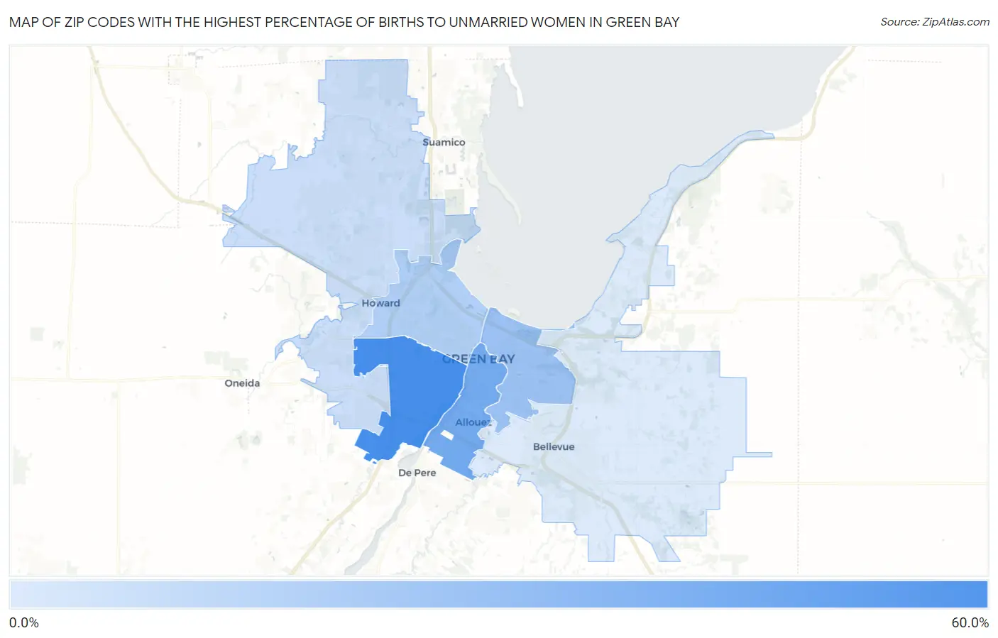 Zip Codes with the Highest Percentage of Births to Unmarried Women in Green Bay Map