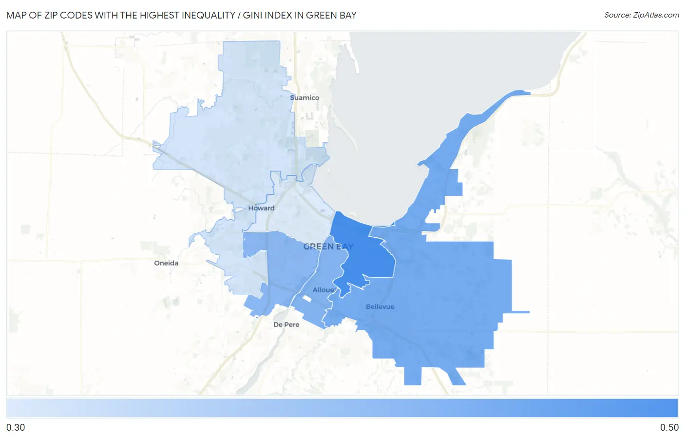 Zip Codes with the Highest Inequality / Gini Index in Green Bay Map