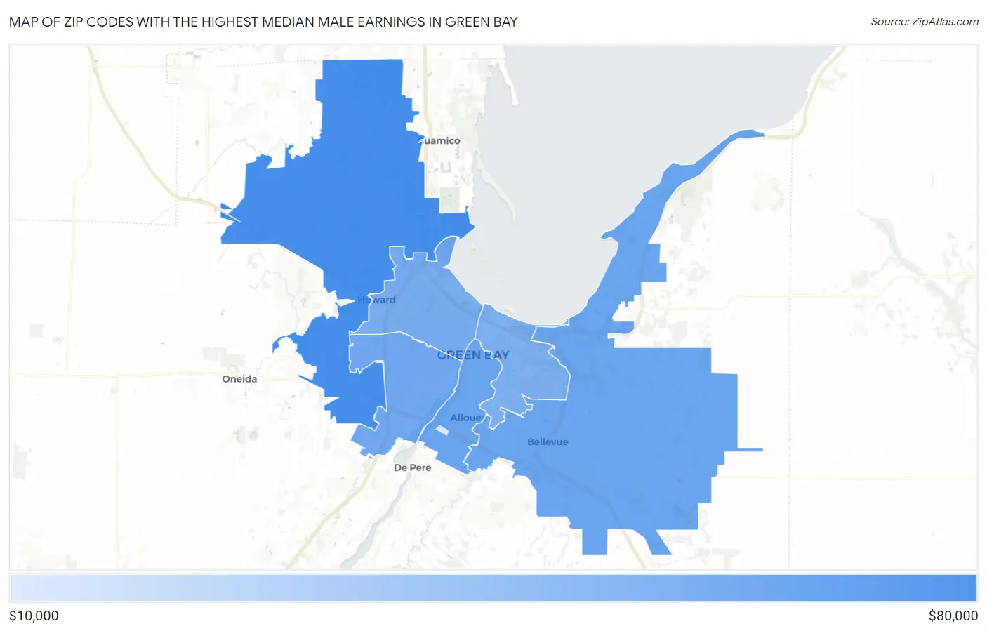 Zip Codes with the Highest Median Male Earnings in Green Bay Map