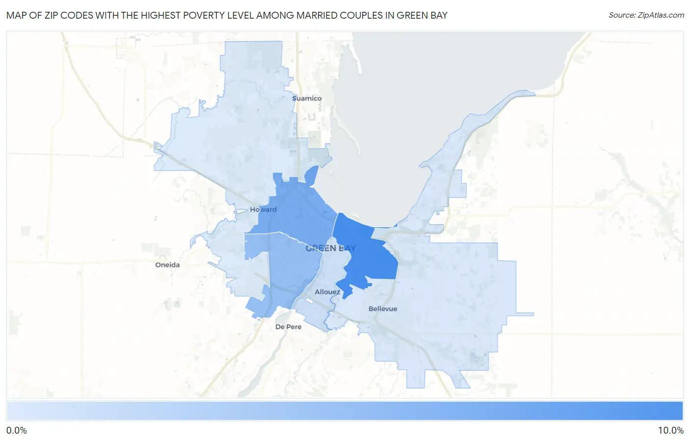 Zip Codes with the Highest Poverty Level Among Married Couples in Green Bay Map