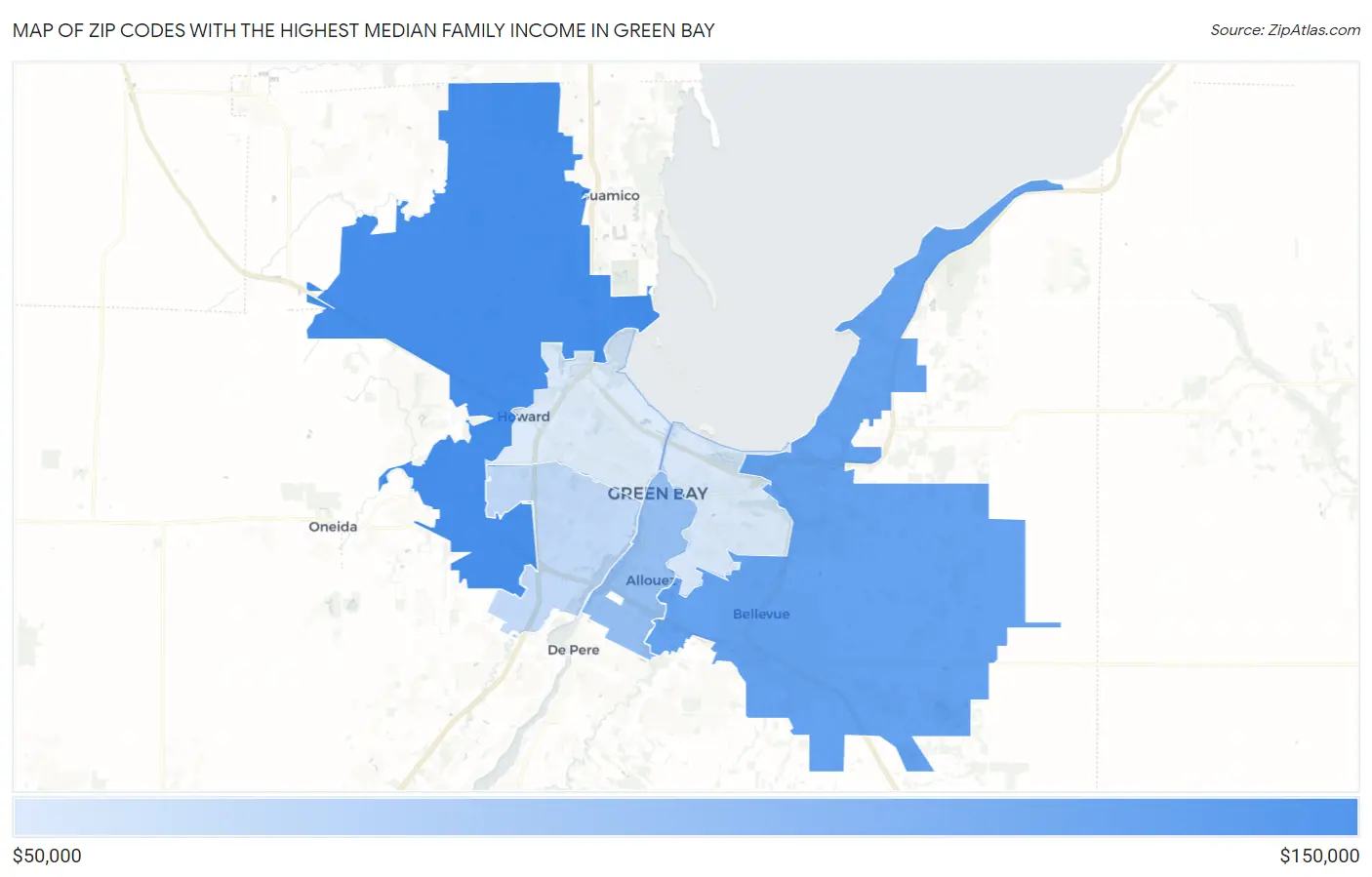 Zip Codes with the Highest Median Family Income in Green Bay Map