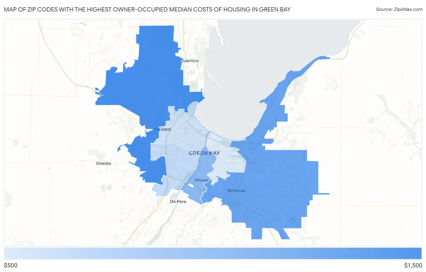 Zip Codes with the Highest Owner-Occupied Median Costs of Housing in Green Bay Map
