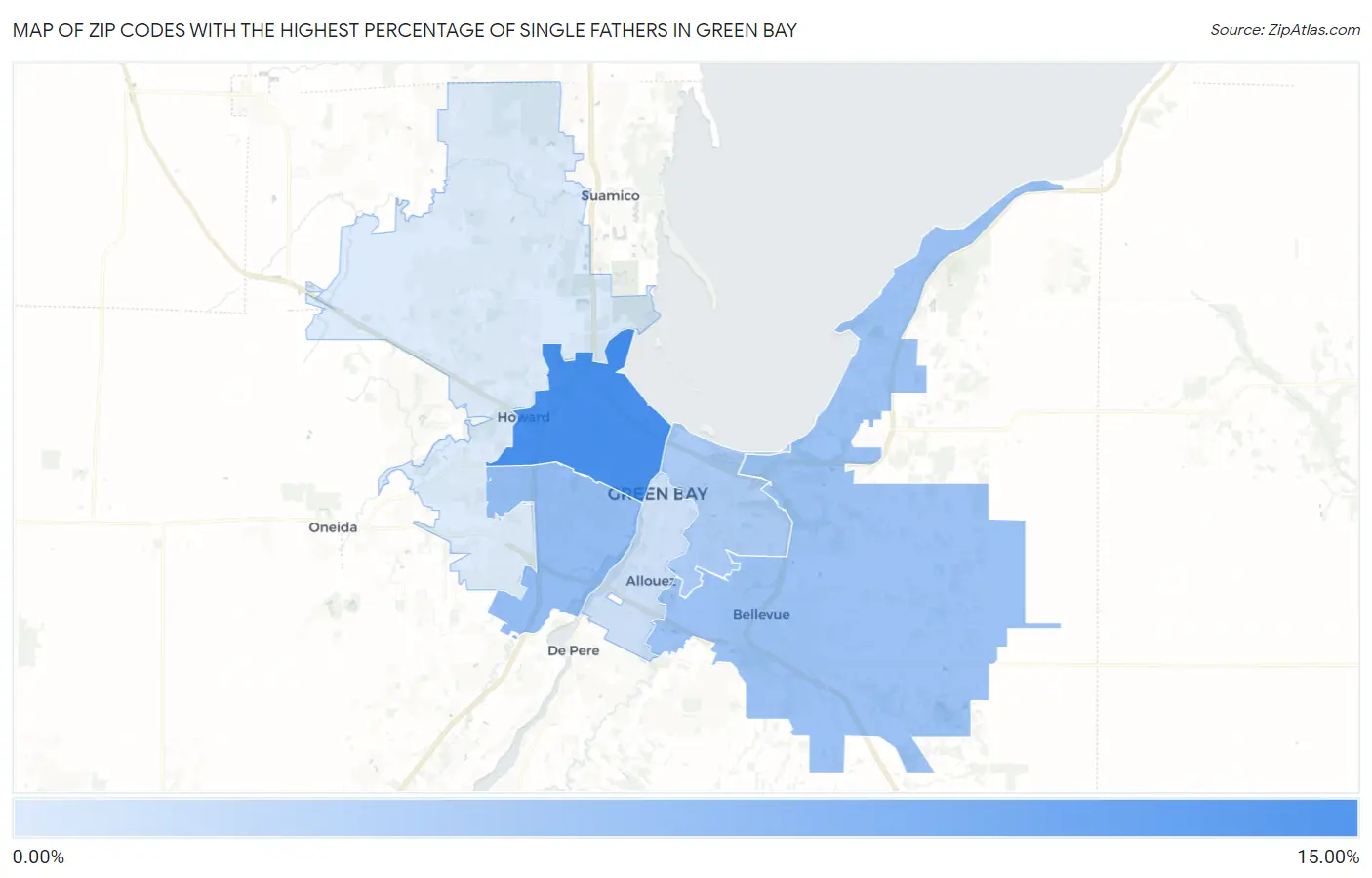 Zip Codes with the Highest Percentage of Single Fathers in Green Bay Map