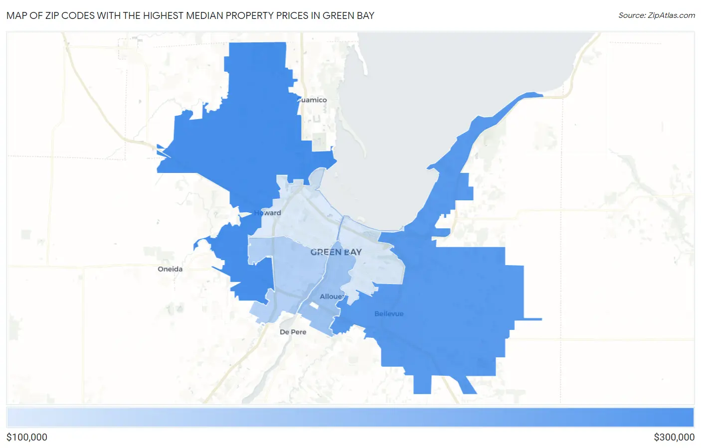 Zip Codes with the Highest Median Property Prices in Green Bay Map